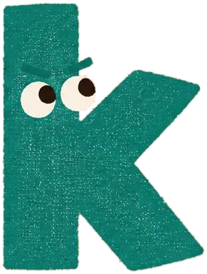 Saylo’s K sound character, a hand-painted K letter with big eyes